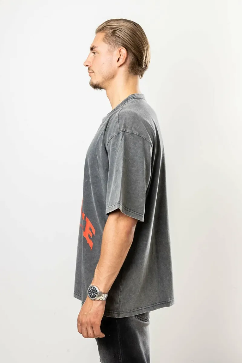 T-Shirt<Dropsize Burning Palm Design Heavy T-Shirt Acid Washed Black