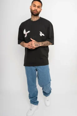 T-Shirt<Dropsize Heavy Oversize White Doves T-Shirt Washed Black