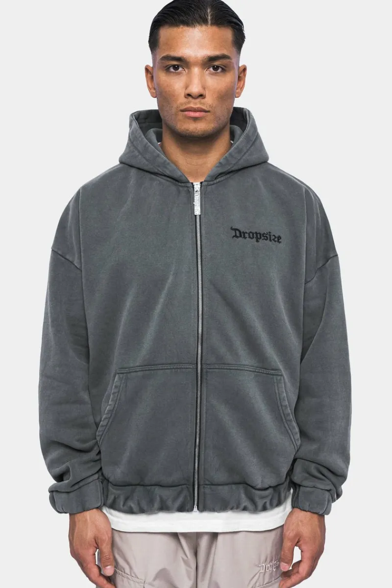 Zipper<Dropsize Super Heavy Oversize Blank Zip Hoodie Washed Grey