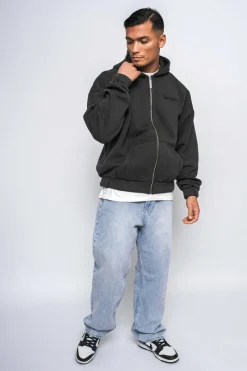 Zipper<Dropsize Super Heavy Oversize Logo Zip Hoodie Acid Washed Black